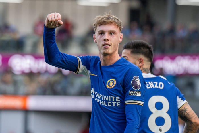 Cole Palmer pictured celebrating after scoring his first Premier League goal in Chelsea's 4-1 win at Burnley in October 2023